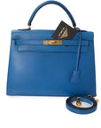 Kelly 32 Bleu France Gold Hardware Epsom