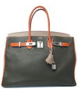 Birkin 35 Special Order (Gris T/ Vert Veronese/ Orange) Palladium Hardware Togo □M