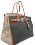 Birkin 35 Special Order (Gris T/ Vert Veronese/ Orange) Palladium Hardware Togo □M