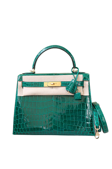 Kelly 28 Croco Emerald Gold Hardware