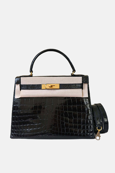 Kelly 28 Croco Noir Gold Hardware