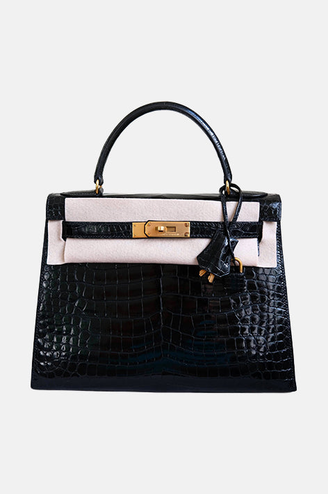 Kelly 28 Croco Noir Gold Hardware