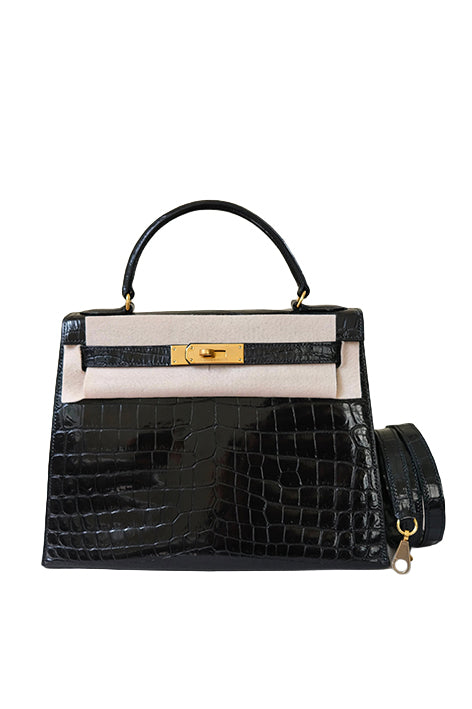 Kelly 28 Croco Noir Gold Hardware