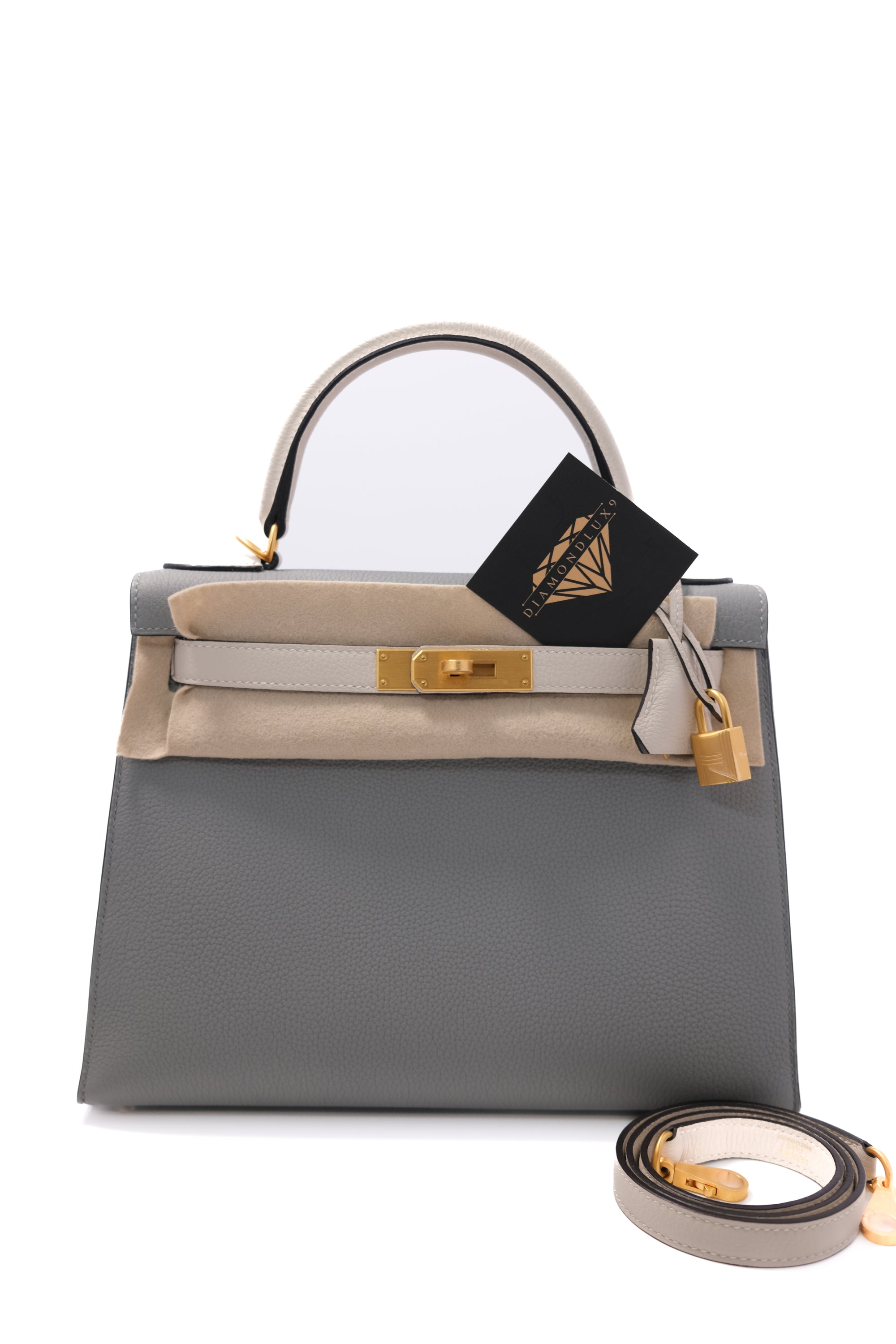 Kelly 28 HSS Nata/Gris Brushed Rose Gold Hardware Togo