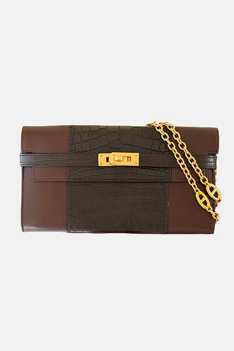 Kelly Wallet Alligator Ebene/Moka Gold Hardware