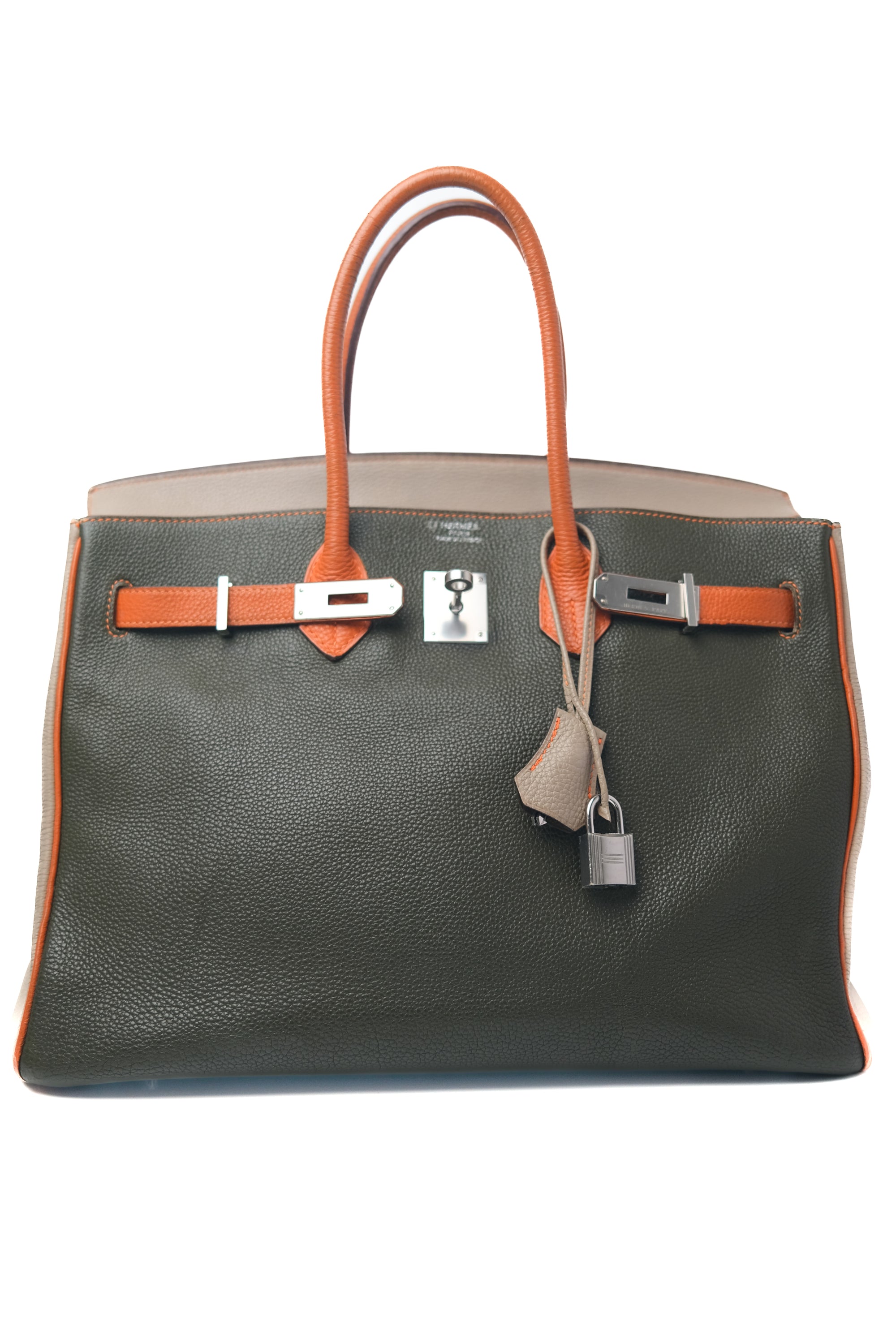 Birkin 35 Special Order (Gris T/ Vert Veronese/ Orange) Palladium Hardware Togo □M