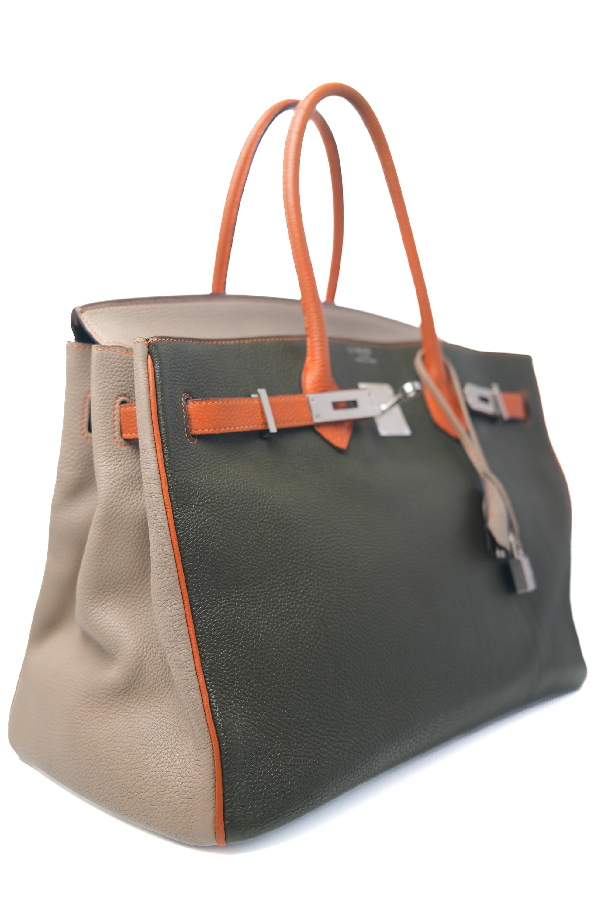 Birkin 35 Special Order (Gris T/ Vert Veronese/ Orange) Palladium Hardware Togo □M