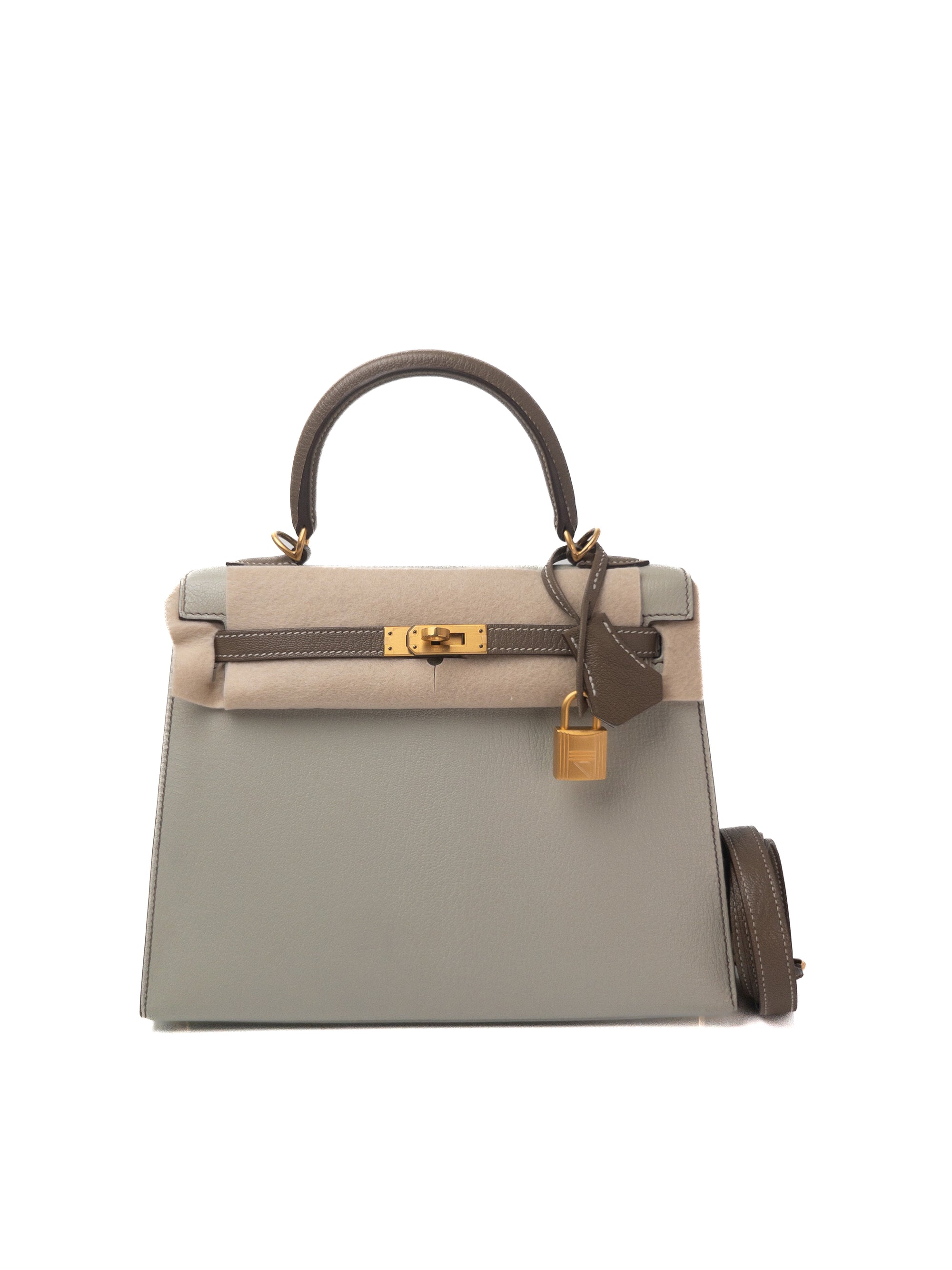 Kelly 25 Special Order Gris Perle / Etoupe Brushed Gold Hardware Chevre Y