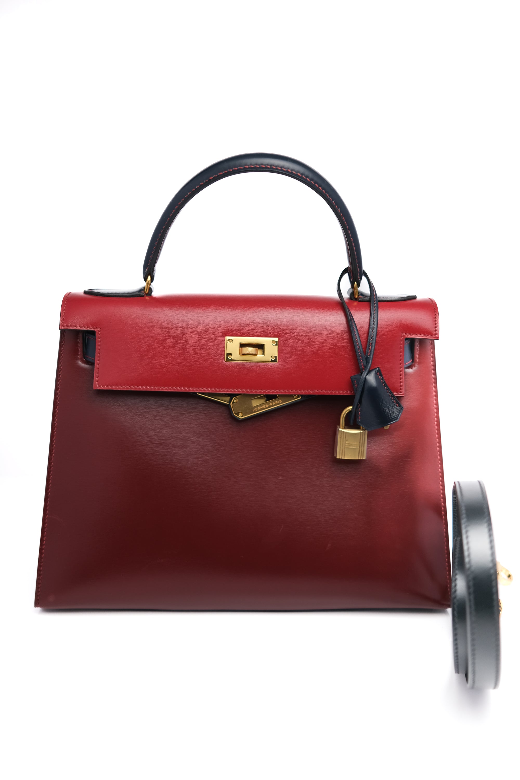 Kelly 28 Tricolor Navy / Rouge H / Rouge Vit Gold Hardware Box