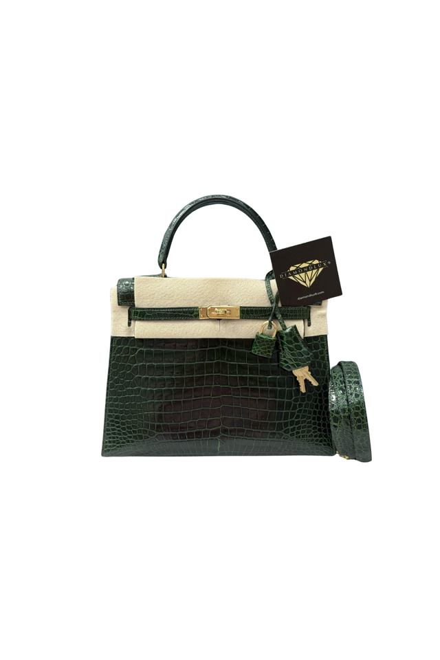 Kelly 25 Croco Dark Emerald Green Gold Hardware □B