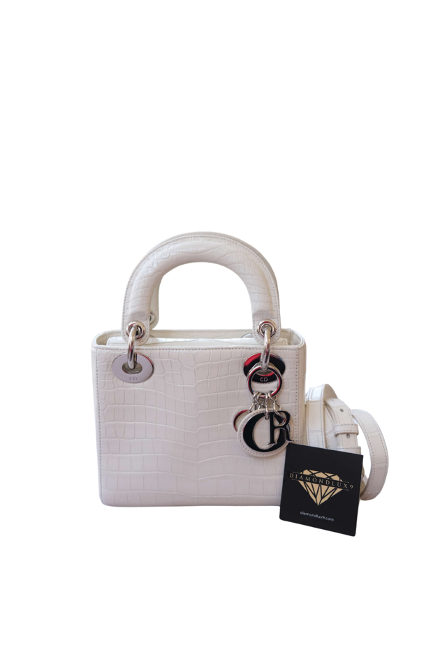 Mini Lady Dior Blanc Palladium Hardware Snow White Matte Crocodile