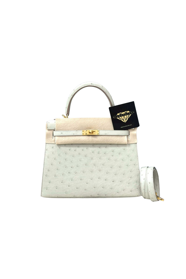 Kelly 25 Ostrich Gris Perle Gold Hardware Z